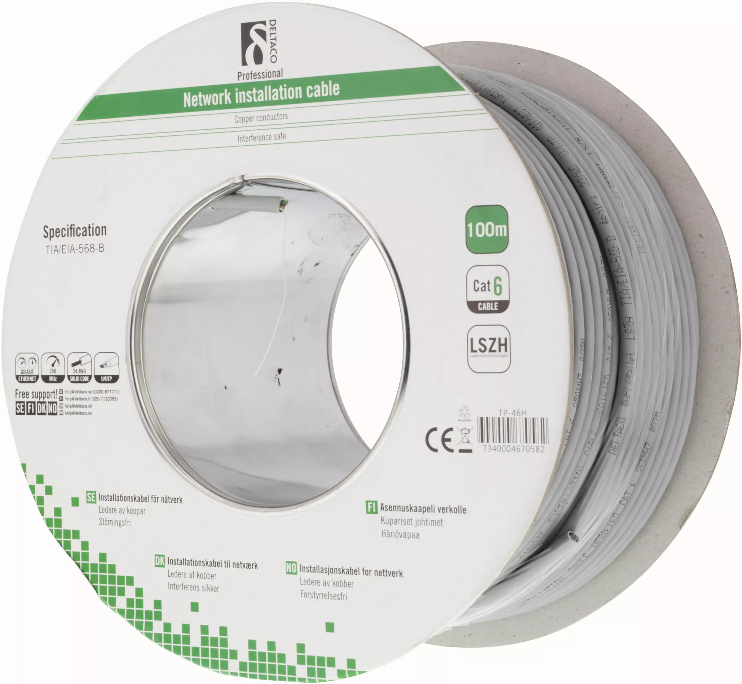 deltaco U/UTP Cat6 install cable 100m spool 250MHz Deltacertified