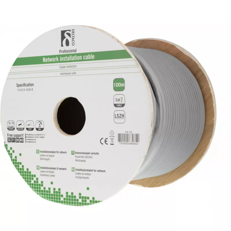 deltaco S/FTP Cat7 installation cable100m drum 600MHz, LSZH grey