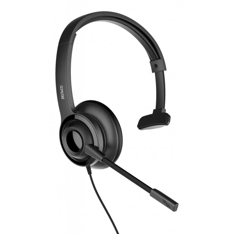deltaco USB mono headset, volume control, noise reducing mic, black