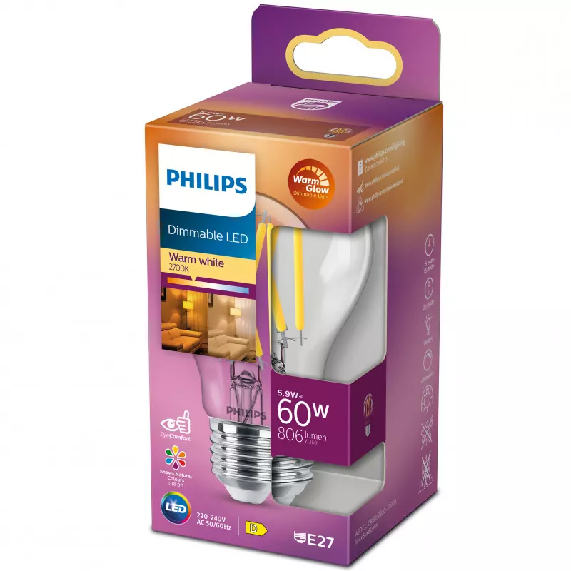 Philips LED E27 Normal 60W Klar Dimbar WarmGlow 806lm