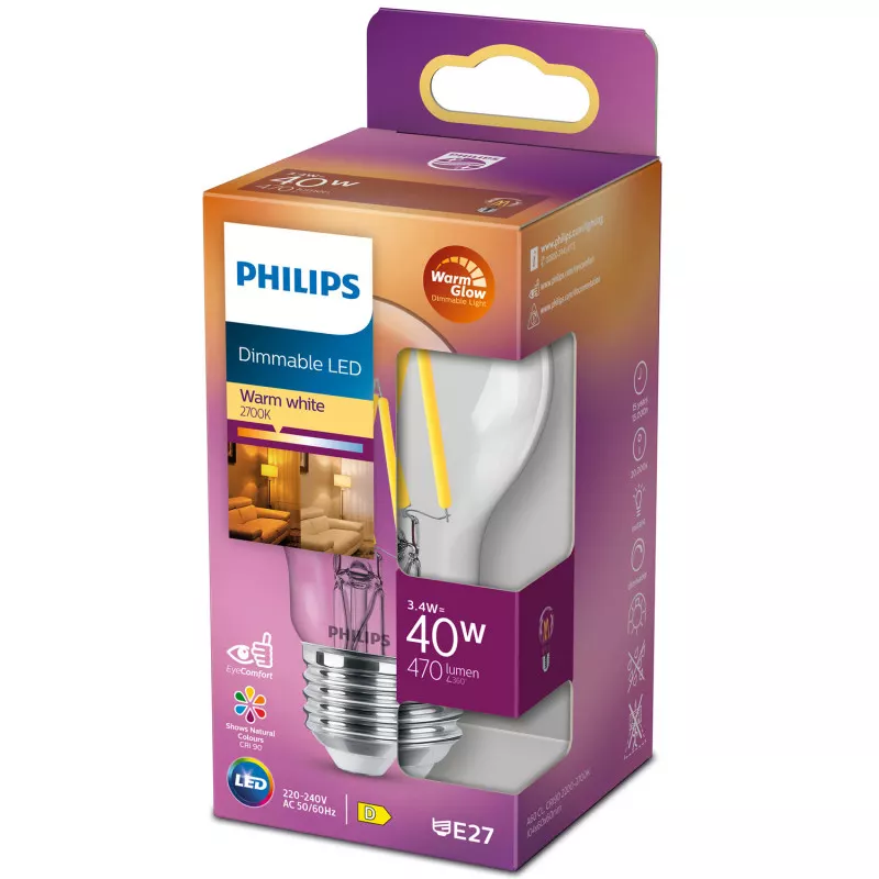 Philips LED E27 Normal 3,4W (40W) Klar Dim WarmGl 470