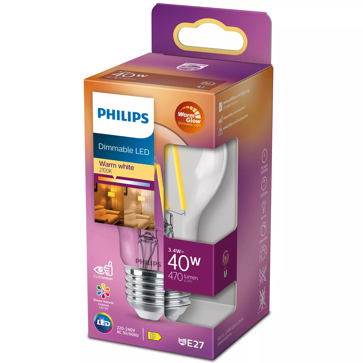 Philips LED E27 Normal 3,4W (40W) Klar Dim WarmGlow 470lm