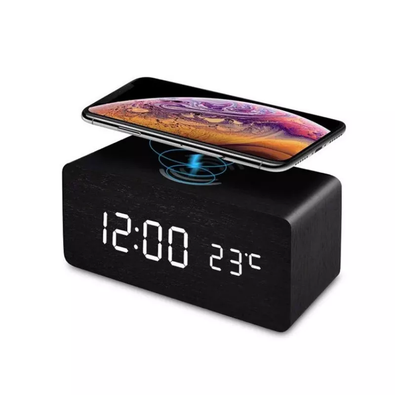 INF LED väckarklocka med trådlös laddning Svart
