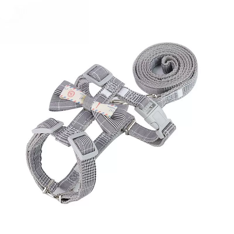 INF Grå Kattsele med Rosett - Justerbar och Säker Kattkoppel för Promenader, Bekväm Västsele för Katter i Storlek S och M M