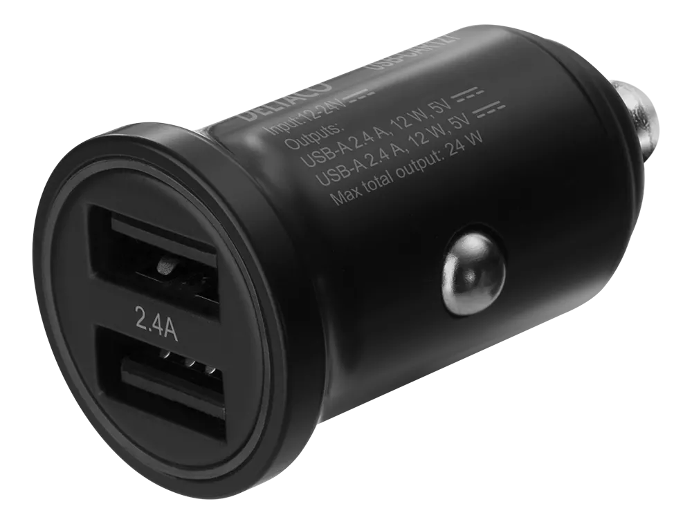 deltaco 12/24 V USB car charger with dual USB-A ports, 24 W, black