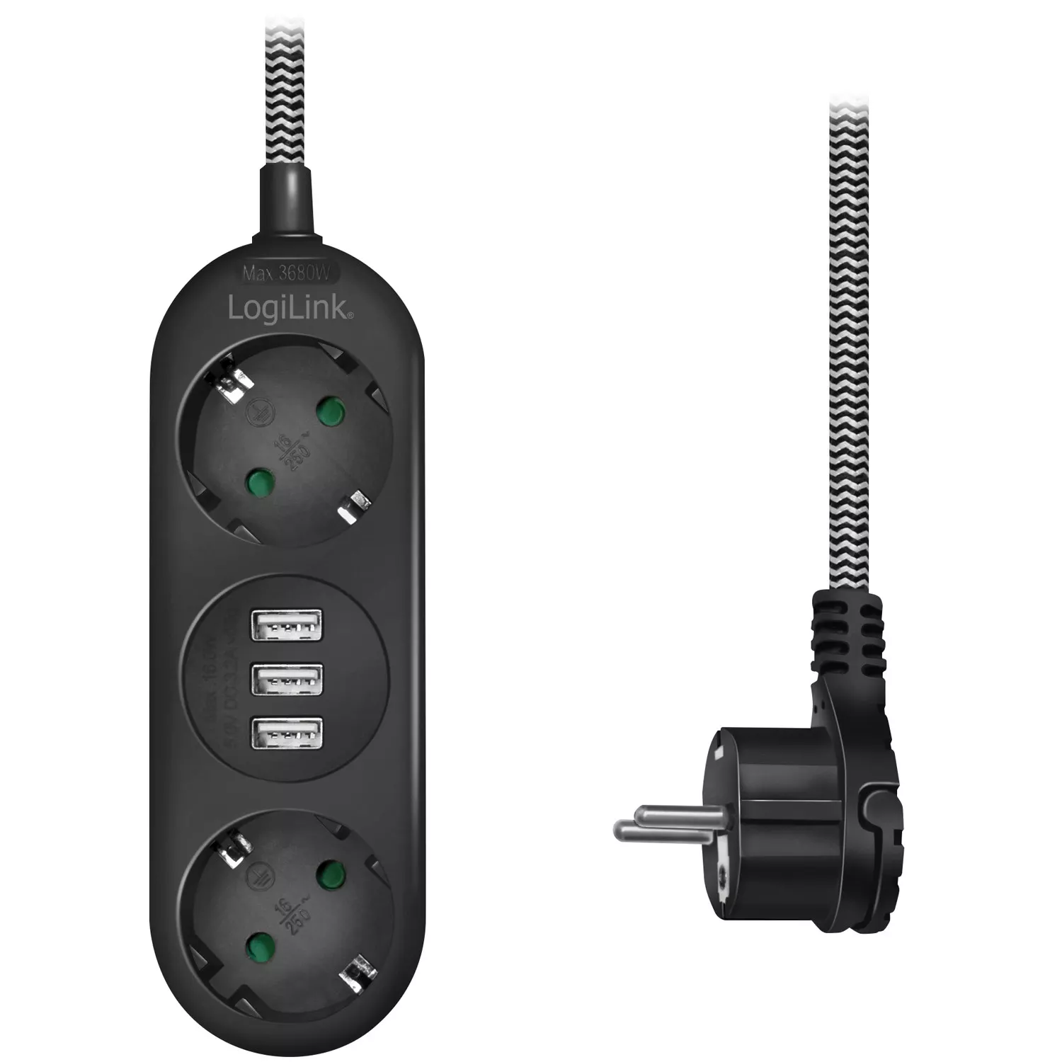 LogiLink Grenuttag Jordat 2-vägs 3xUSB Flat plugg