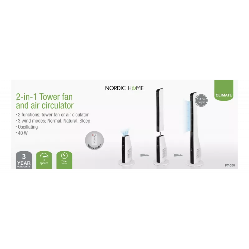 2in1 tower fan and air circulator, 3 speeds, 40W