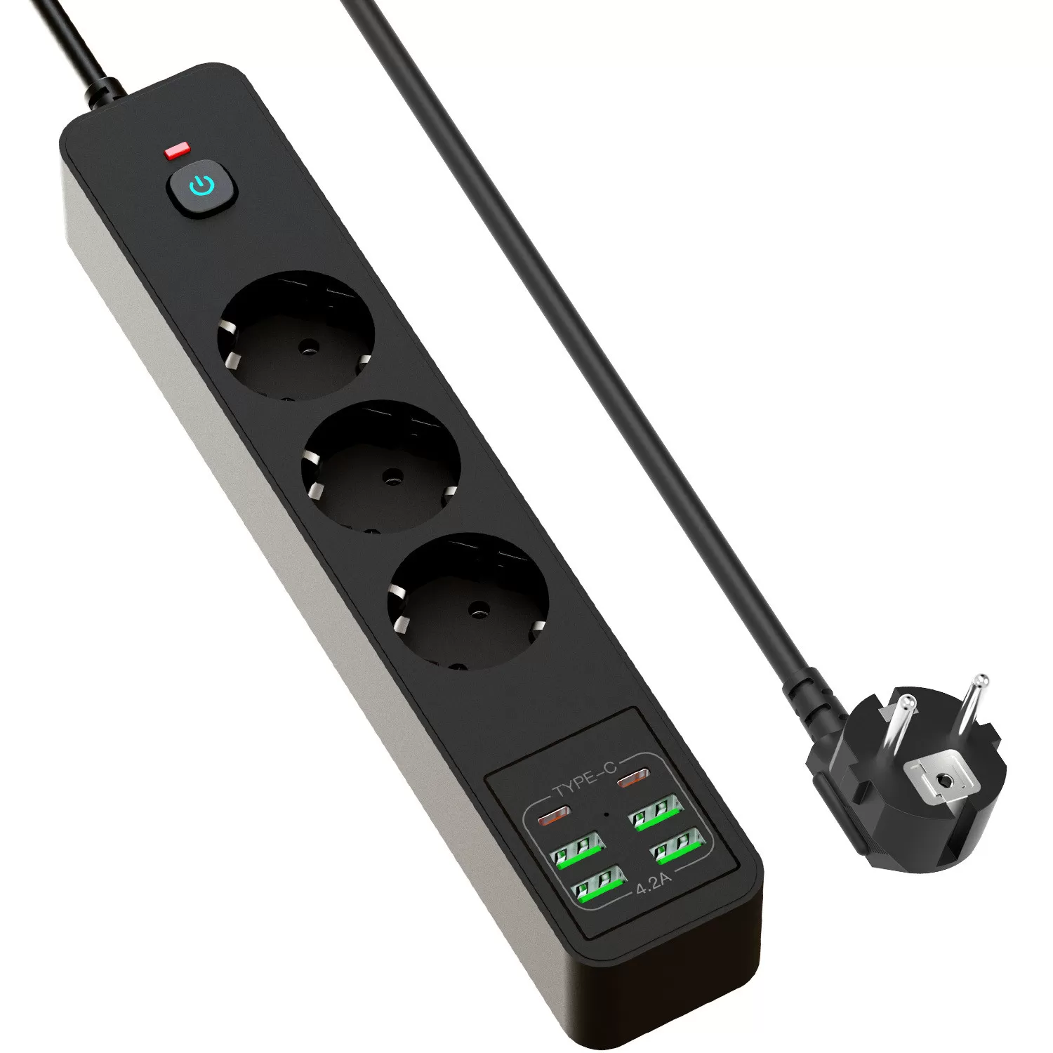 INF BKL-03 EU Power Strip med 6 USB-Portar Svart