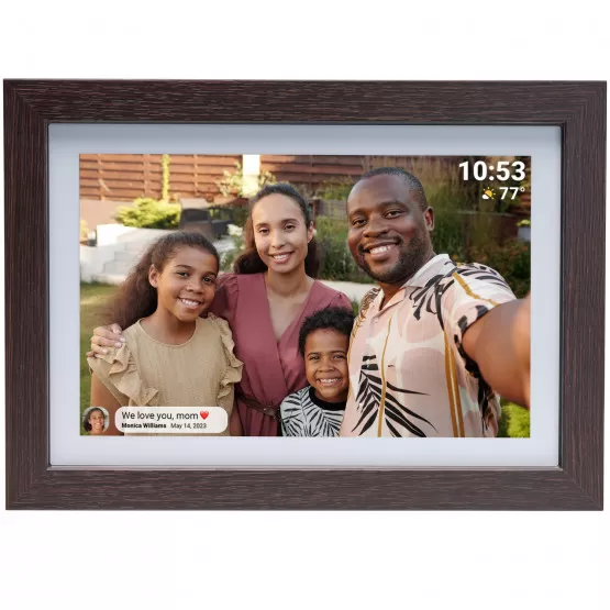 Denver PFF-1042DW 10.1" digital Wi-Fi fotoram med FRAMEO programvara. Ram i mörkt trä.