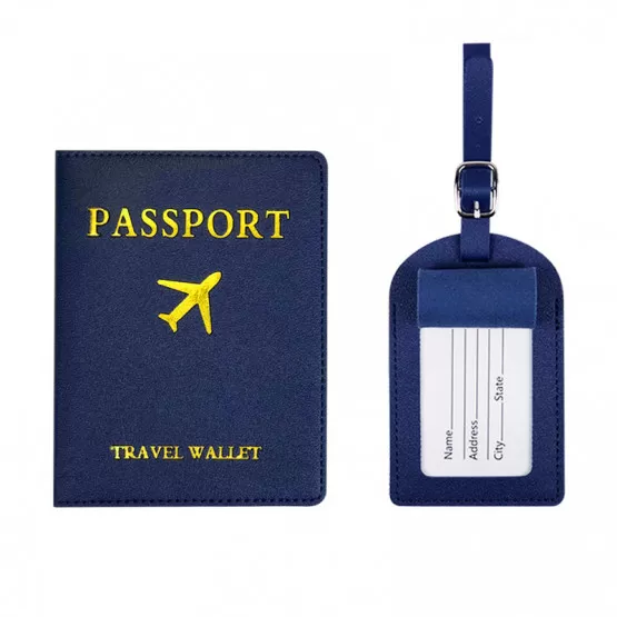INF Passfodral och Bagageetikett Set - PU Läder Reseplånbok med Bagage Taggar för Pass och Dokument, Svart, 2-pack Mörkblå