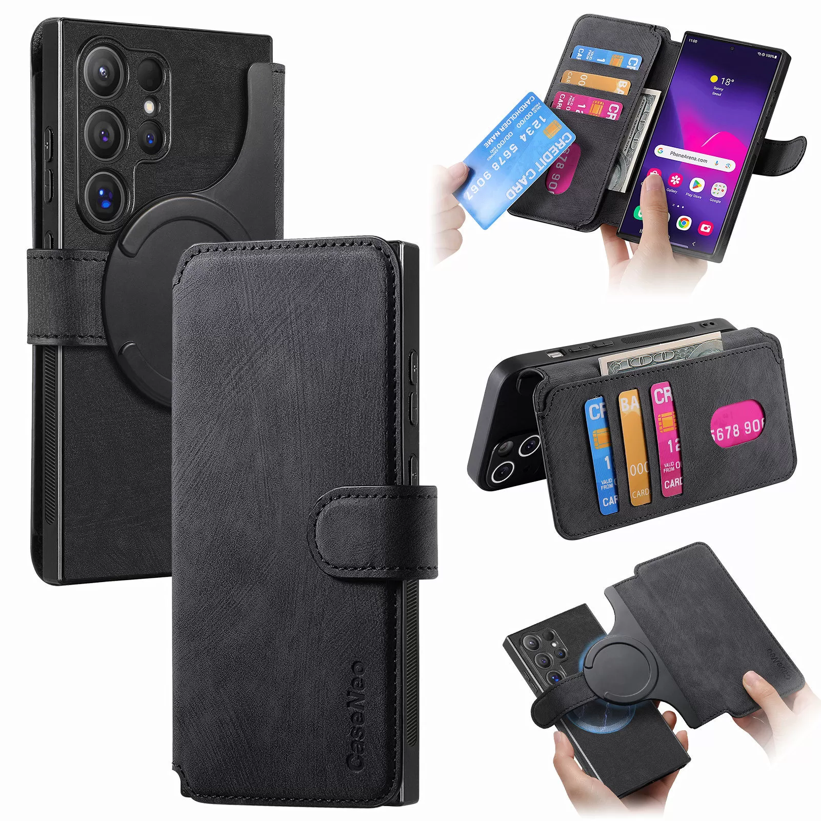 INF Svart PU+PC Magnetiskt Plånboksfodral kompatibelt med Samsung S25 Plus - Stötsäkert, Stativ, RFID-skydd Samsung Galaxy S25