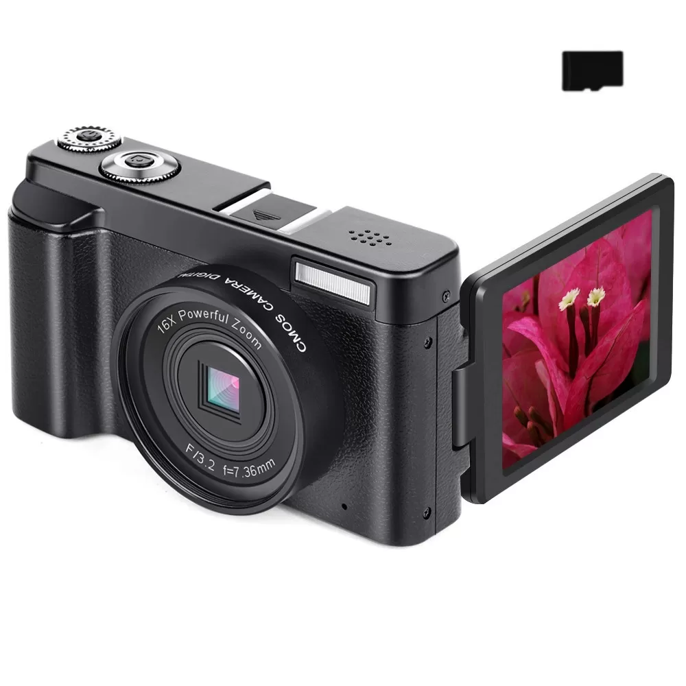 INF Digitalkamera med 48 MP, HD 1080p, 16x zoom, flip screen, 32GB minneskort