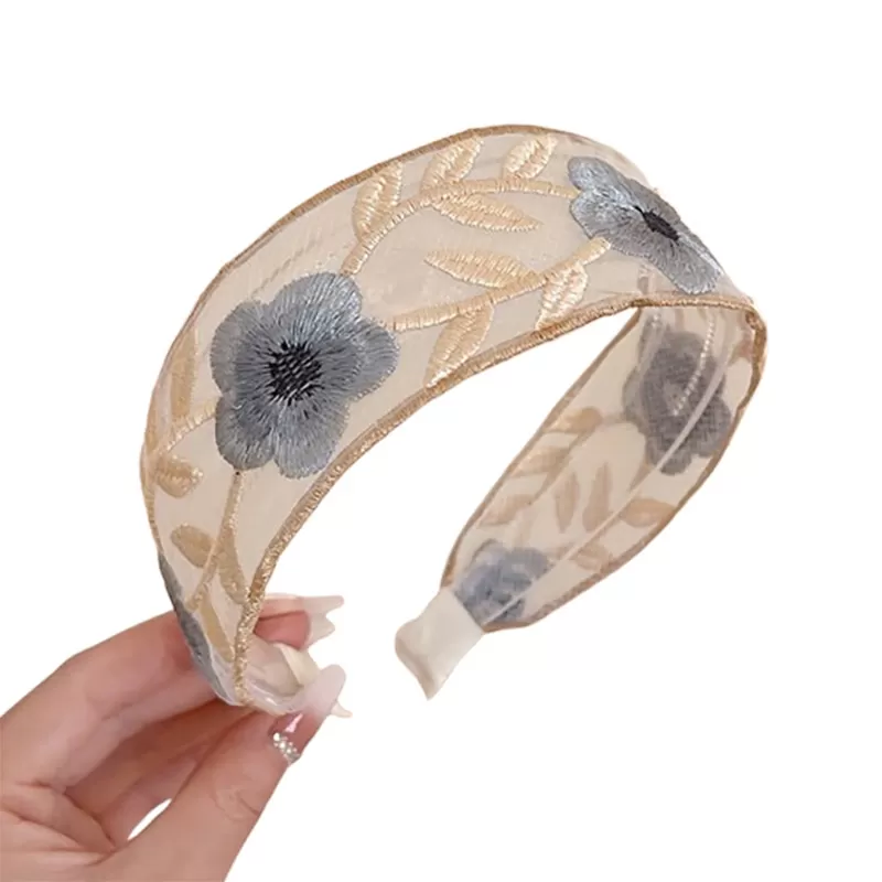 INF Broderat blompannband Blommigt brett pannband Grå