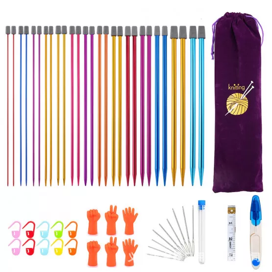 INF 35cm stickningssatser i aluminium med tillbehör och lila väska