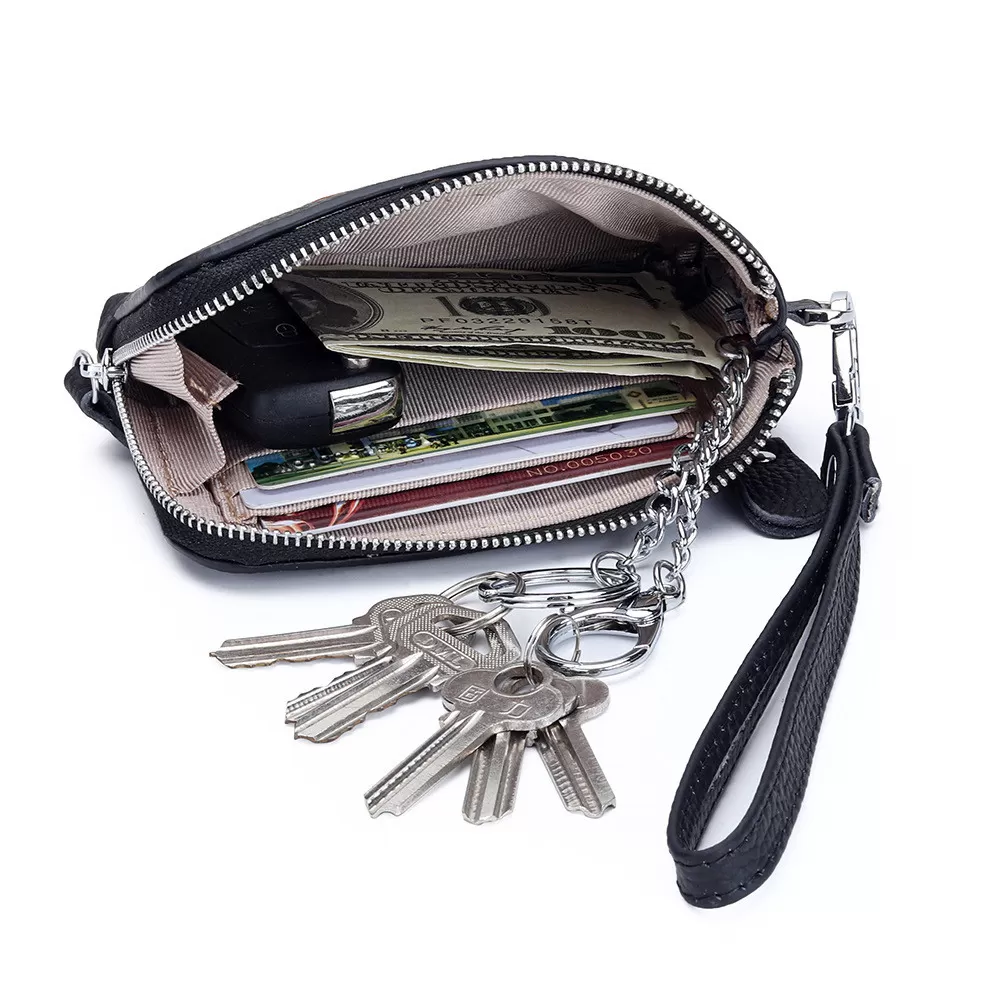 INF Nyckelväska i läder med kortfodral för kvinnor Svart