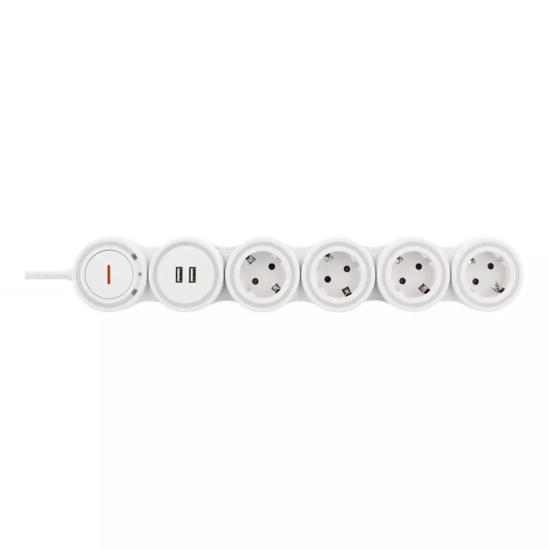 deltaco Flexible 4-Socket Power strip, 1.4m, 16A 3500W, 2x USB-A, wh