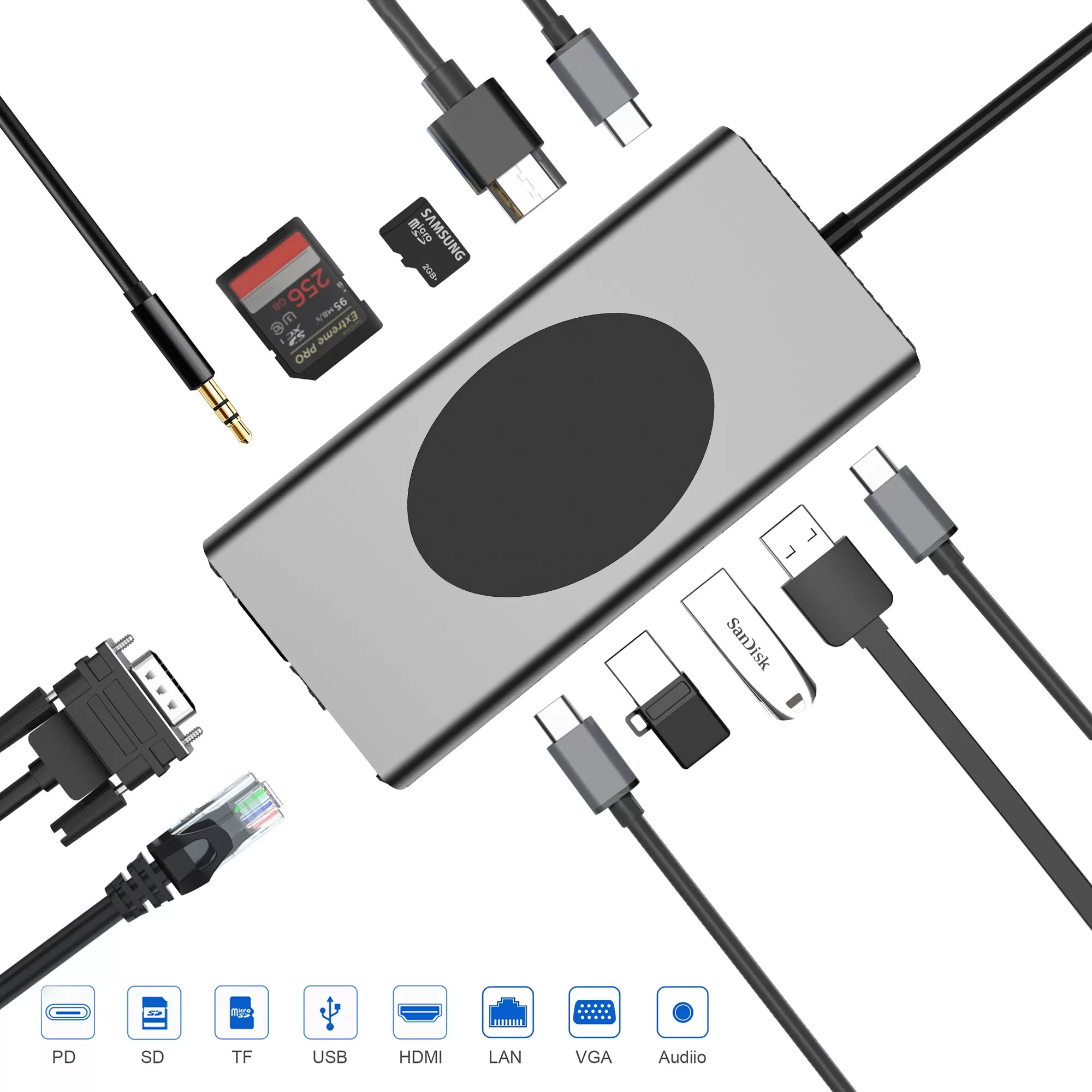 INF 13-i-1 USB-C-hubb multiport-adapter med HDMI, VGA, Ethernet, SD/TF-kortläsare