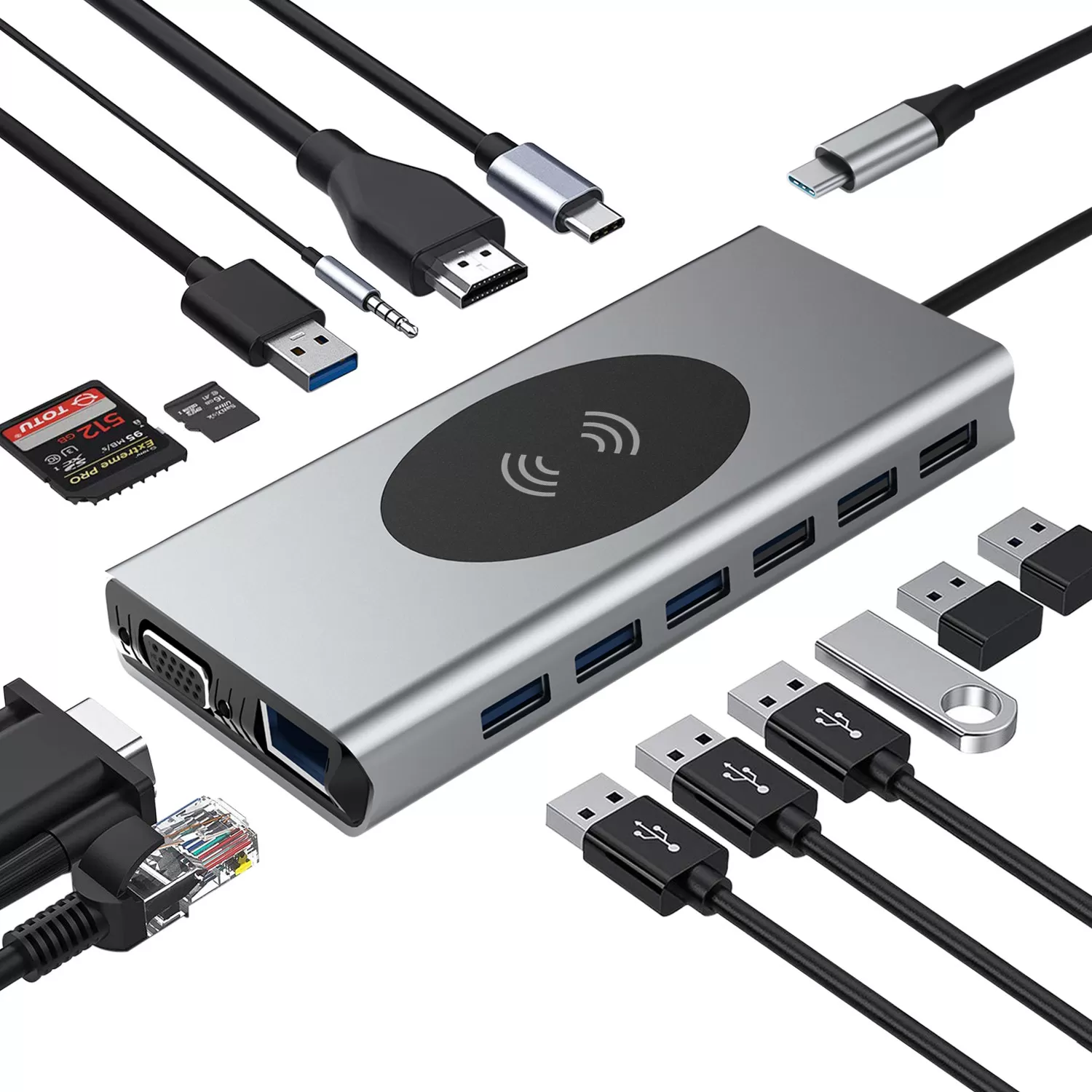 INF 15-i-1 Typ-C-hubb Multiport-adapter med HDMI, VGA, Ethernet, USB C PD