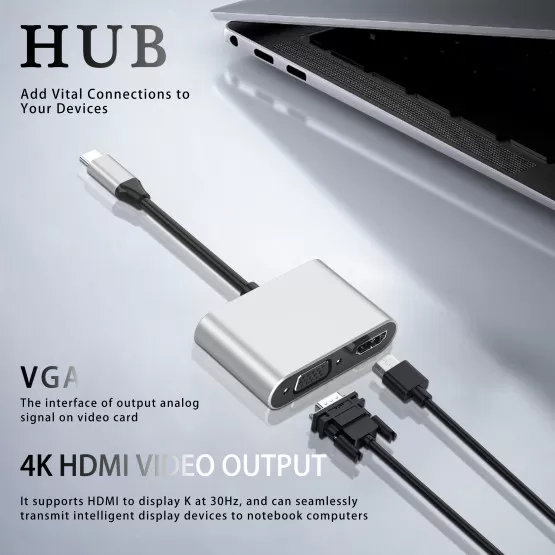 INF Typ-C-hubb 4-i-1-adapter med HDMI, VGA, USB 3.0 och USB-C PD