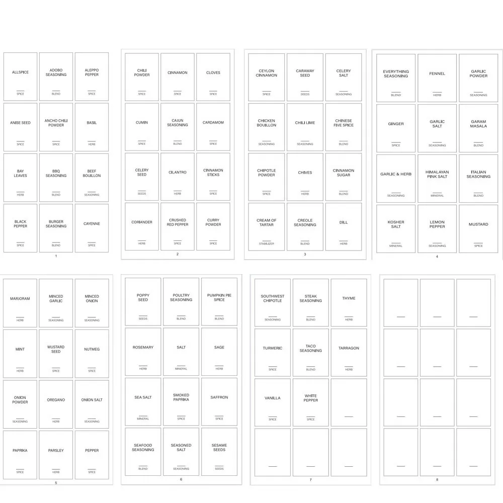 INF Etiketter för kryddburkar, PVC vitt 147x235 mm, 7 ark + 1 datetikett