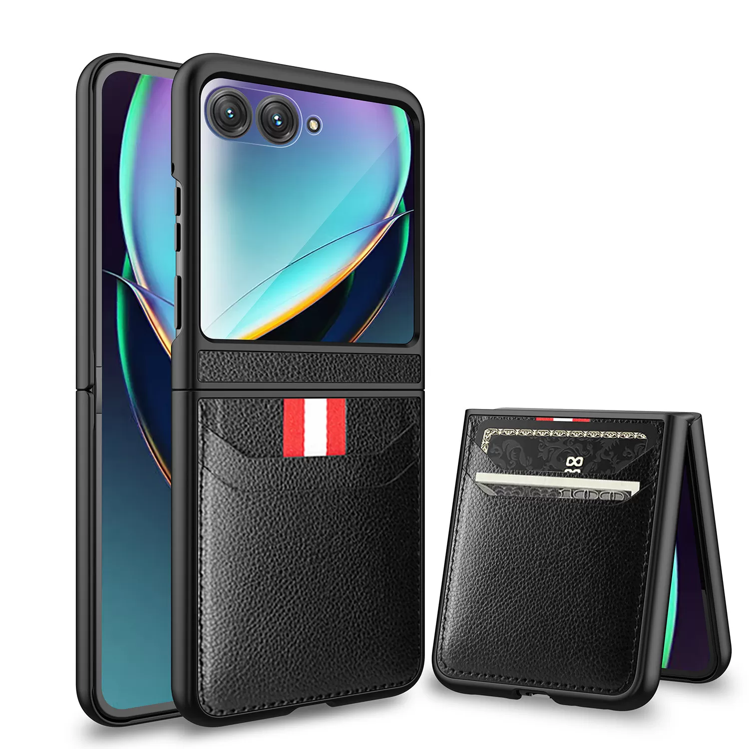 INF Mobilskal kompatibelt med Razr 40U Motorola vikbar telefon, svart PC+PU läder, ultratunt och stöttåligt model 2