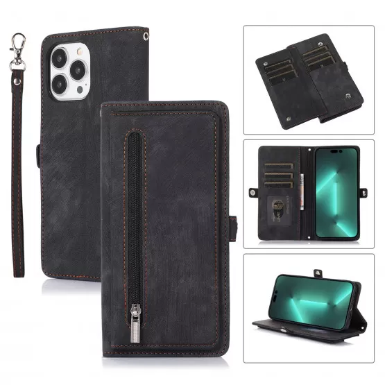 INF 15PRO Multifunktionellt 9-Korts Fack Plånboksfodral - Svart iPhone 15 Pro