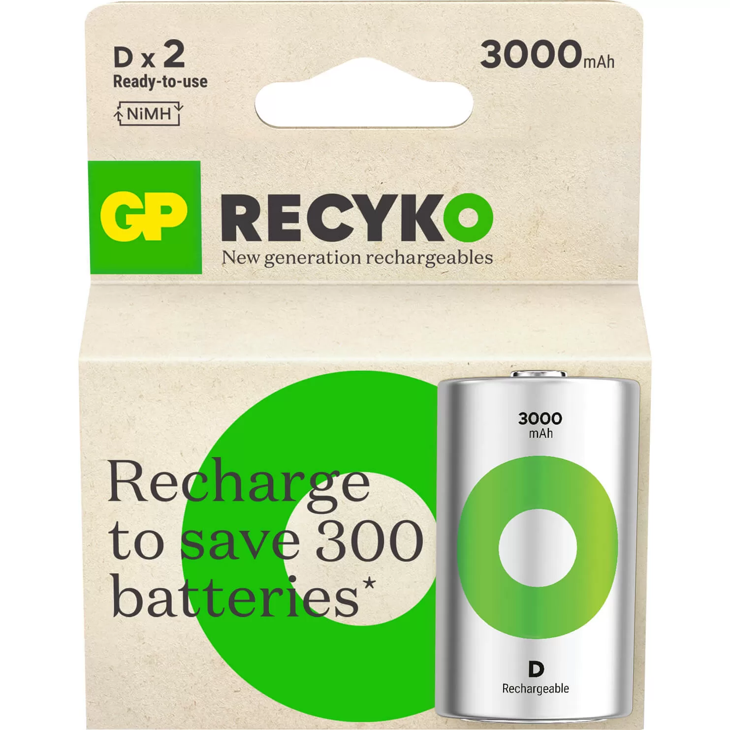 GP Batteri Recyko NiMH D HR20 3000mAh 2-Pack