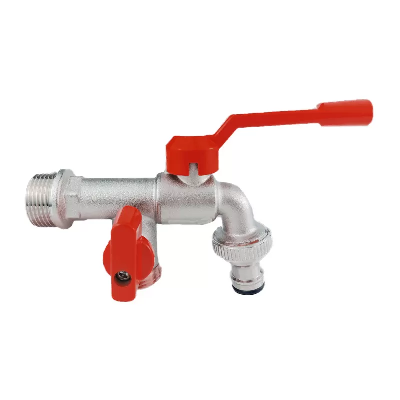 INF Dubbelhuvud vattenkran i röd mässing med munstycksadapter model 1