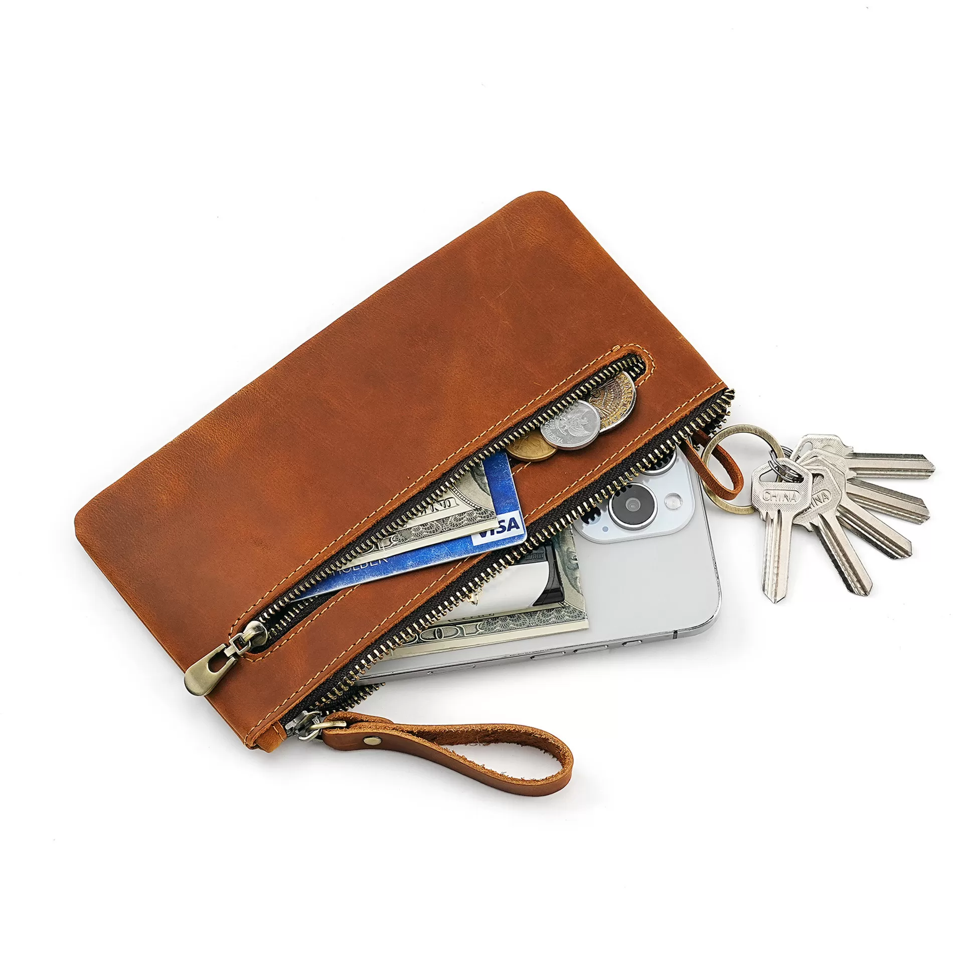 INF Vintage Crazy Horse Läder Koppling Telefon och Nyckelorganisatör