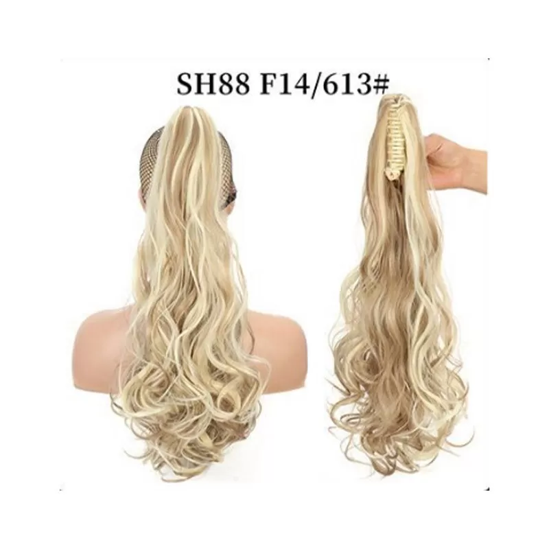 INF Kompatibelt med hästsvans löshår med klämma, långt lockigt vågigt hår i högtemperaturfiber, blond nyans F14/613 Modell 3