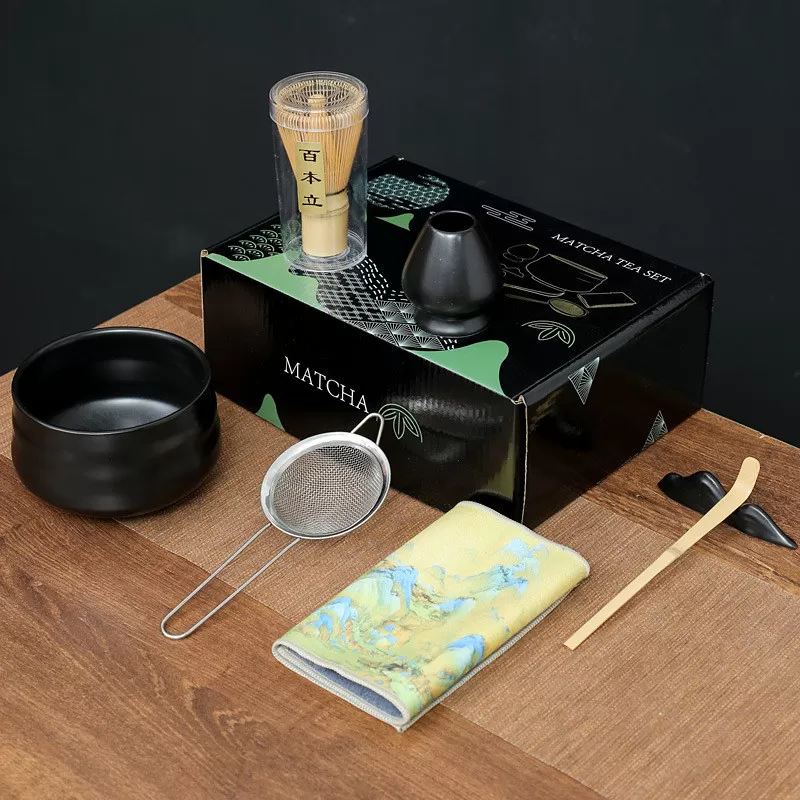INF Elegant Svart Matcha Visp Set - 7 Delar Keramik & Bambu