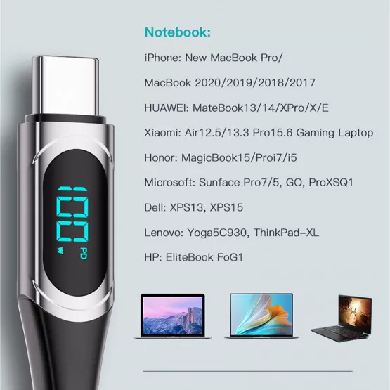 INF Data Kabel Kompatibelt med Huawei Bärbar Dator, 100W Snabbladdning, Digital Display, 1 Meter, Blå