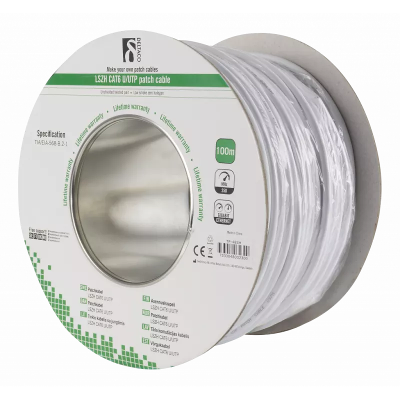deltaco U/UTP Cat6 patch cable, LSZH, 100m spool, 250MHz, white