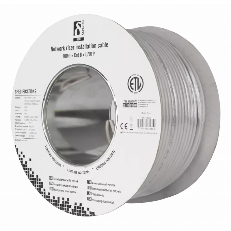 deltaco U/UTP Cat6 riser install cable 100m drum 250MHz grey