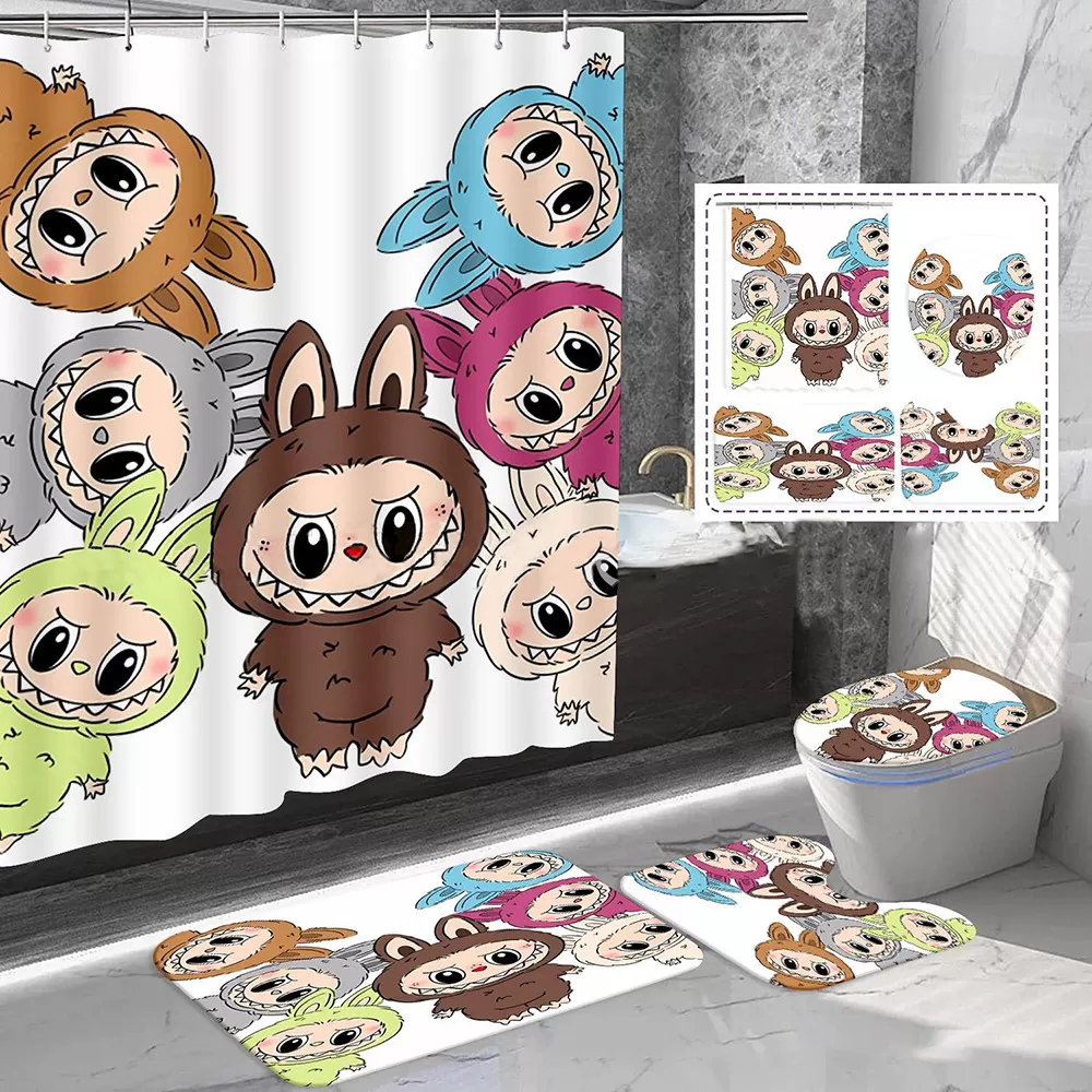 INF Färgglatt Duschdraperi Set med Kanin - 4 Delars Badrumsinredning