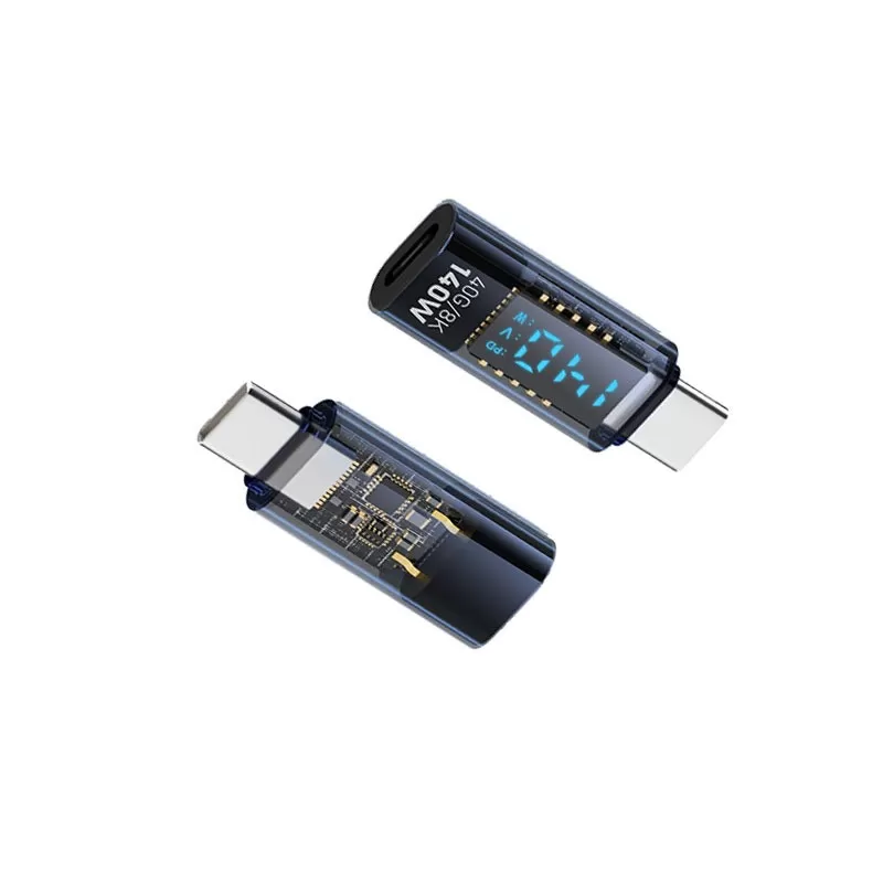 INF 140W USB-C Hona till USB-C Hane Adapter med Digital Display - Transparent Blå, Rakt Utförande (2-pack)