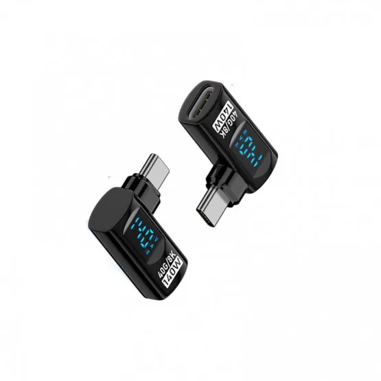 INF 140W USB-C Hona till USB-C Hane Adapter med Digital Display, Svart, Sidovinklad (2-pack)