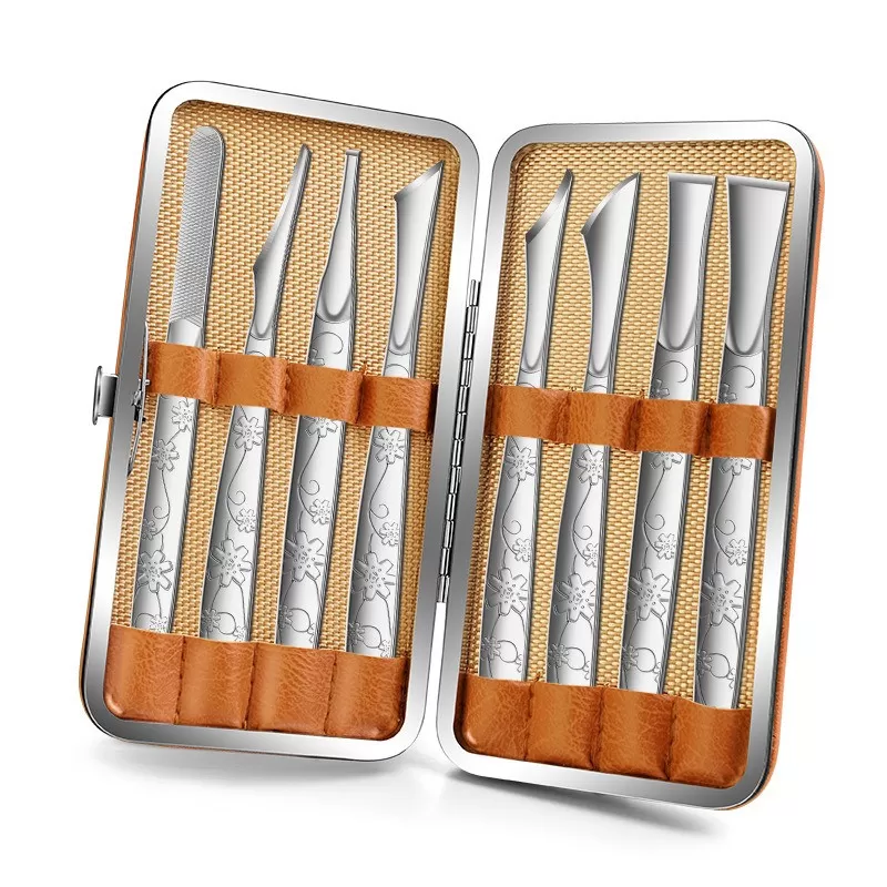 INF Orkidémönstrad fotvårdsknivset i rostfritt stål med 8 delar och förvaringsfodral, silverfärg