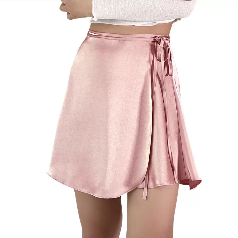 INF 100% siden satin hajbyxor sommarkjol med hög midja och knytband L Rosa