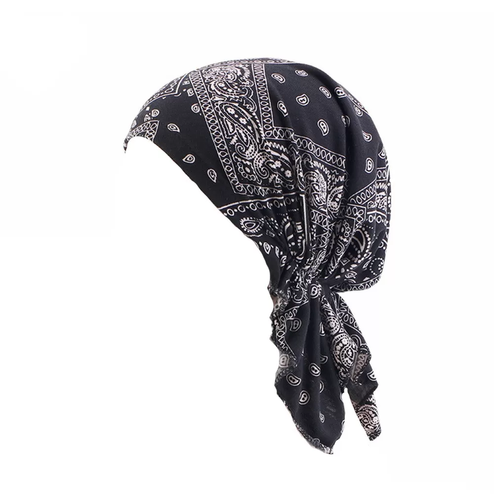 INF Elastisk bomullstryckt huvudduk mössa Chemo Beanie Turban Huvudomslag Svart