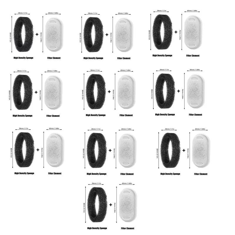 INF Ersättningsfilter för fontän för husdjur - 10 bomullsfilter + 10 svampfilter