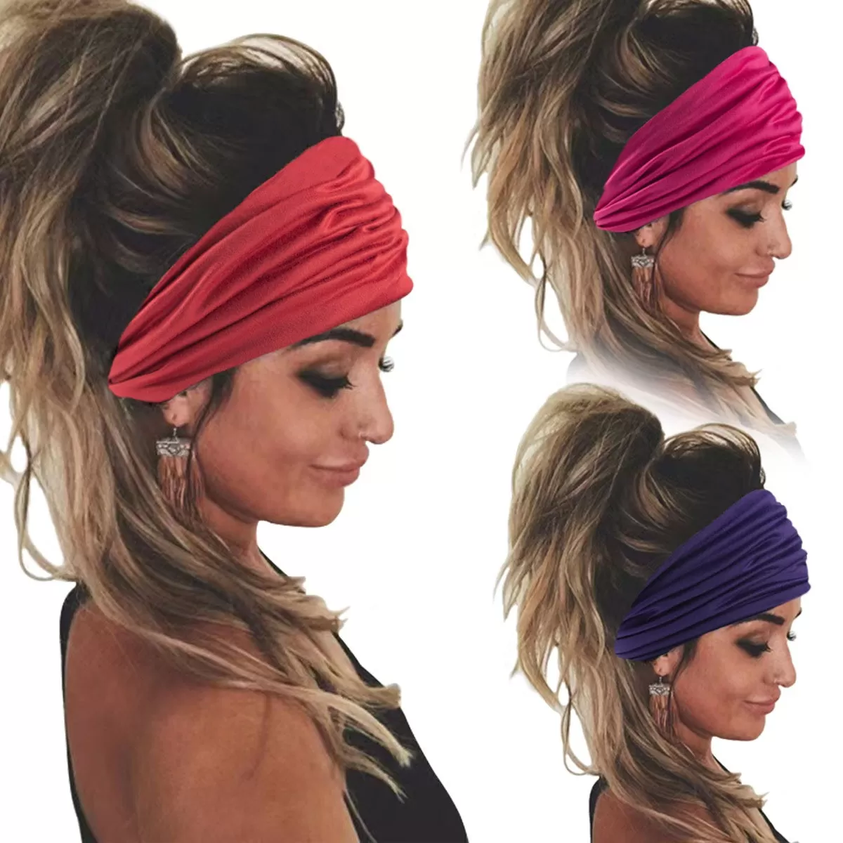 INF 3-pack enfärgade elastiska sportpannband - Breda yoga-svettband för kvinnor röd + rosa röd + lila