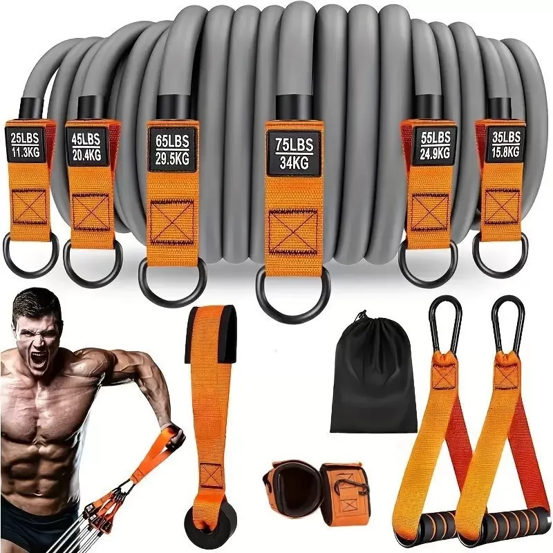INF 12-delars (300 lbs) Multifunktionellt Fitness Träningsmotståndsband Set för Hemmaträning Grå Orange