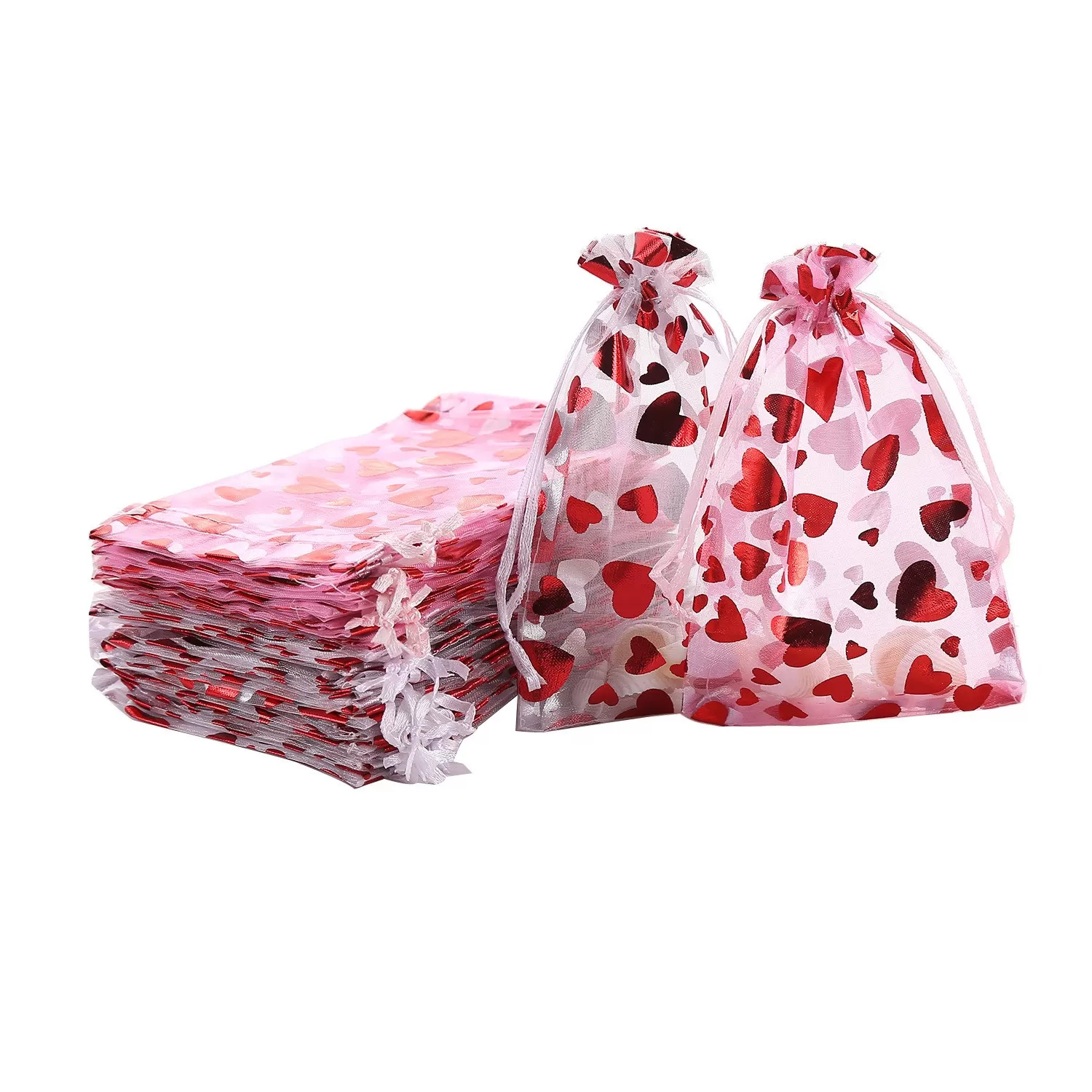 INF Guldhjärta Organzapåsar 10x15cm (50 st) - Presentpåsar med dragsko för presenter, godis, smycken