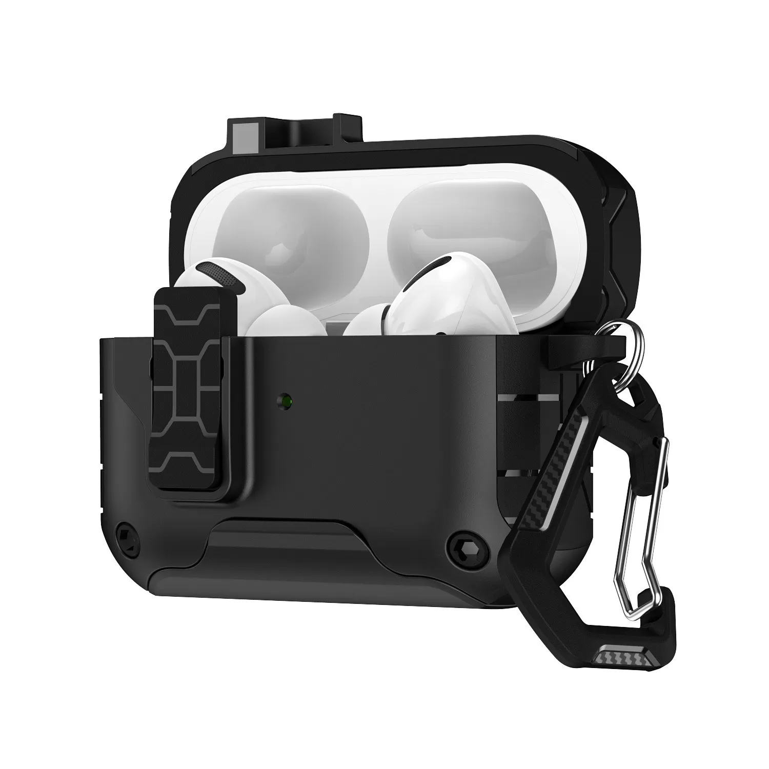 INF Skyddsfodral Kompatibelt med AirPods Pro/Pro 2, TPU+PC, Svart, med Säkert Lås och Karbinhake