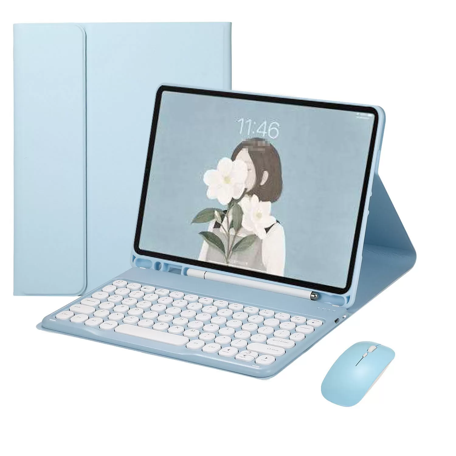 INF Himmelsblått Bluetooth-tangentbordsfodral + Bluetooth-mus kompatibelt med Samsung Galaxy Tab A9 8,7 tum - Avtagbart