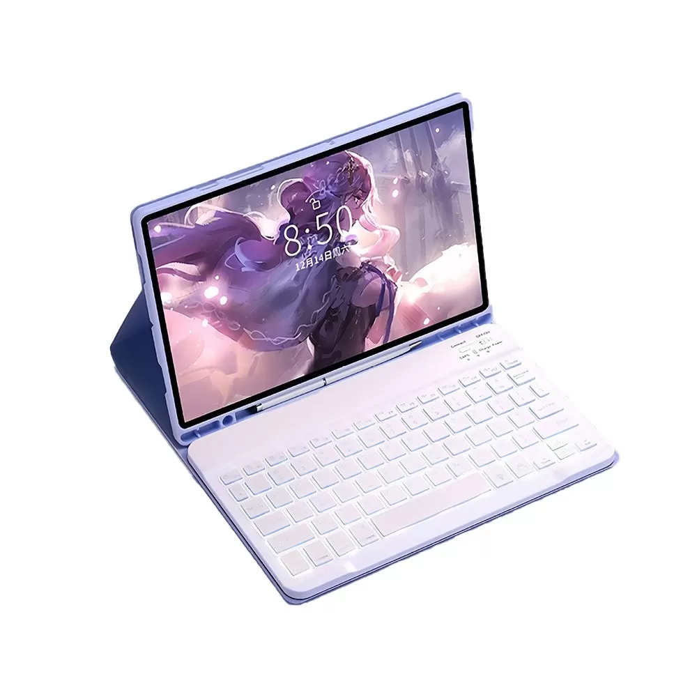 INF Lila Bluetooth-tangentbordsfodral med bakgrundsbelyst tangentbord kompatibelt med Samsung Galaxy Tab S7+/S7 Plus 12,4 tum