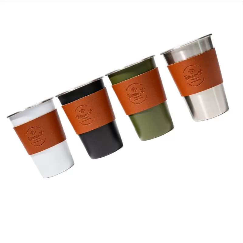 INF 4-pack utomhus camping portabla små vin-/tekoppar - rostfritt stål & läder 500 ml