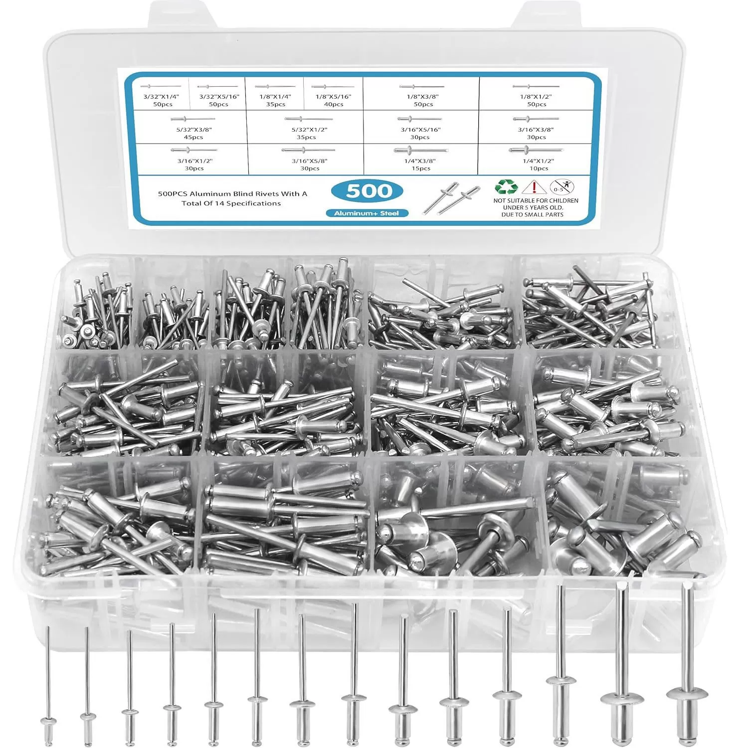 INF 500 st Aluminium Blindnitar Set - Silver Popnitar Sortimentslåda