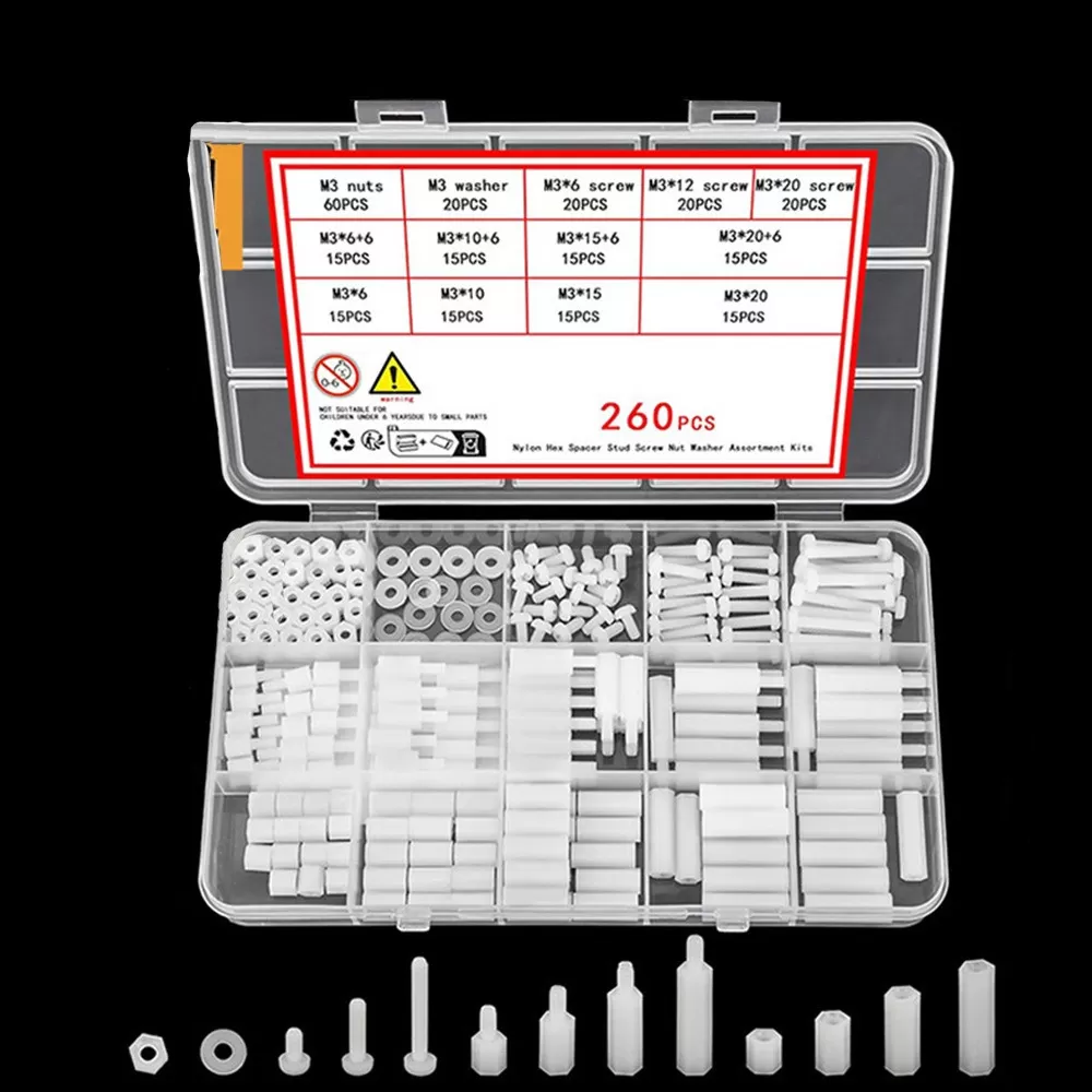 INF 260 Delar Vit Nylon Hex Distanshylsa Skruv Mutter Sortimentslåda - M3 Gängade Distanser